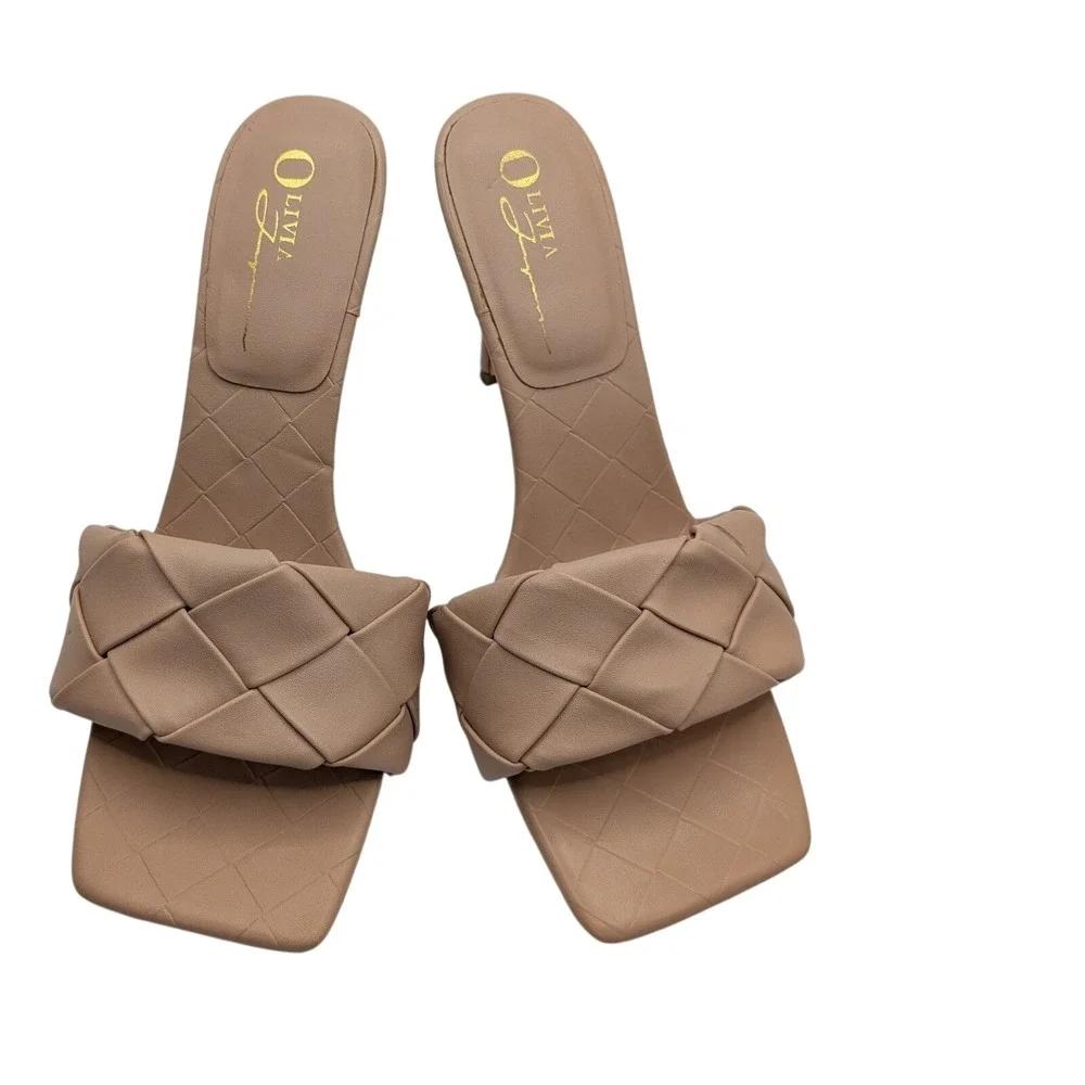 Oliviia Fargiano Women's Nude Woven Slide Heels Square Toe Stiletto‎ Size 7